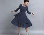 White Polka dotted blue linen dress  (278)