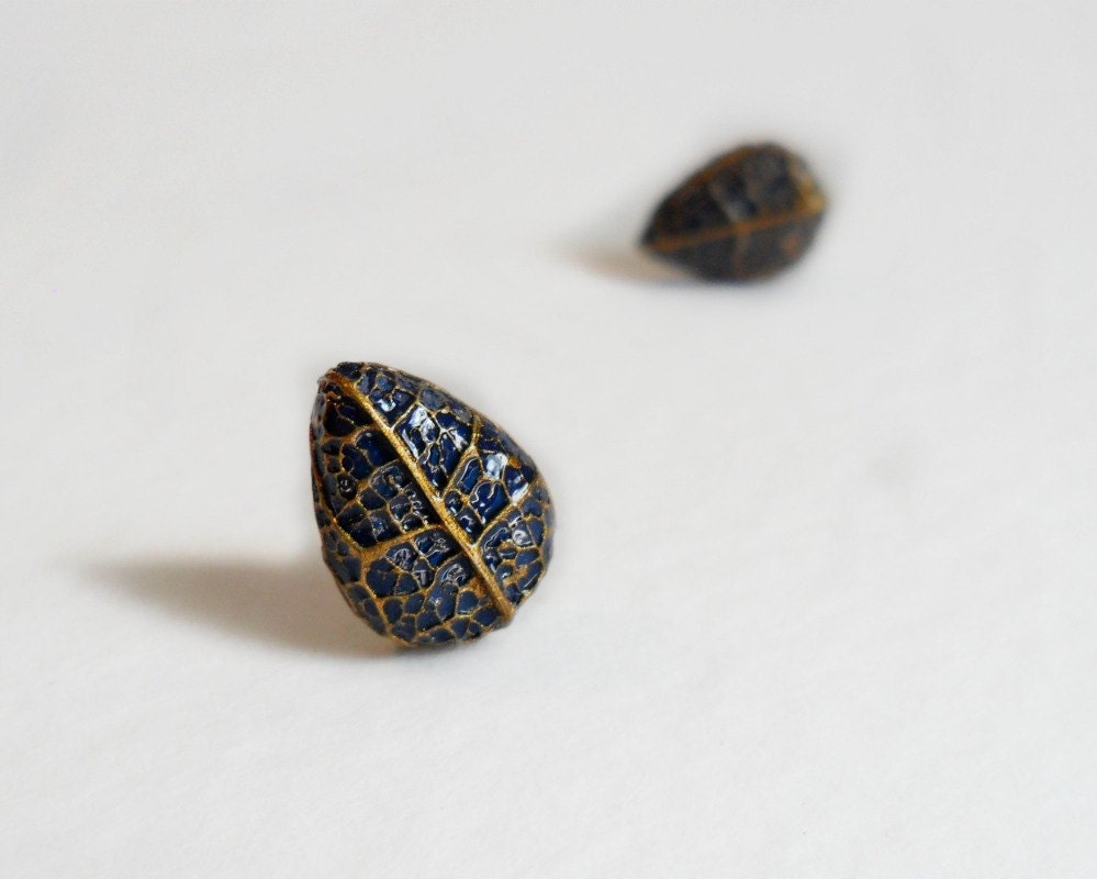 Navy & Gold Leaf Vein Earrings - Autumn Fashion - Unique Earrings - Made to Order