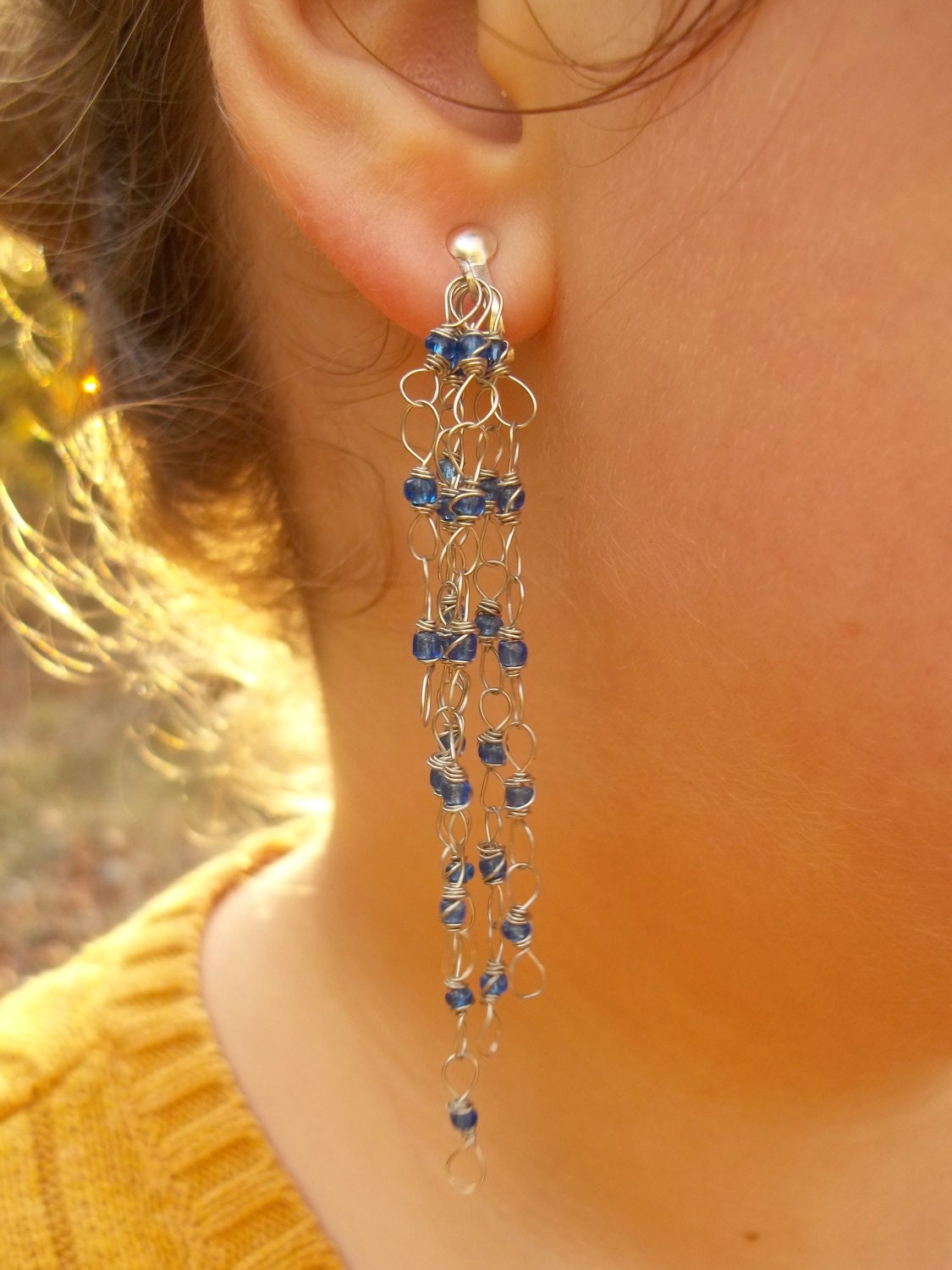 Waterfall-Blue Seed Bead Wirewrapped Silver Links Dangle Earrings