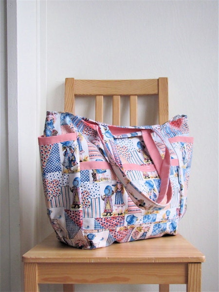 Holly Hobbie Upcycled Novelty Weekender - Retro 1970's Pastel Patchwork - Diaper Bag / Toddler Tote - Eco Friendly Kids - Country Charm Baby