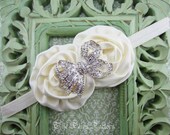 Ivory Flower Headband, Ivory Satin Rosette Duo w/ Rhinestone Bow Headband, Baptism, Christening, Wedding, Baby Toddler Child Girls Headband