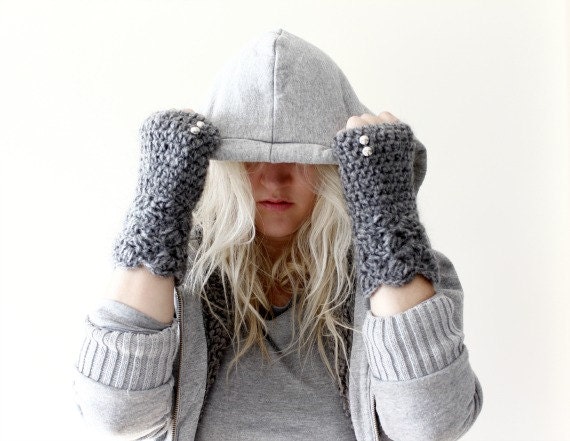 Studded Grey Fingerless Gloves