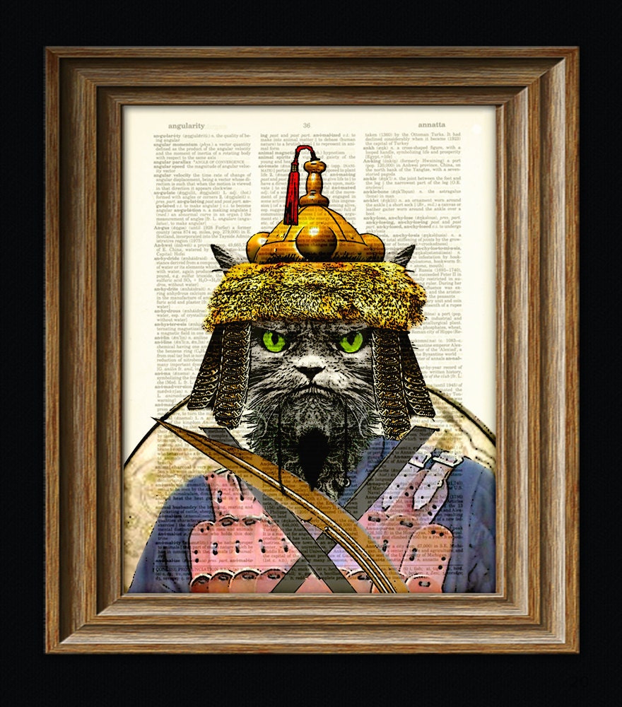 The Cat Khan of the Mongrel Empire Cat Warrior with sword, armor, and shield illustration upcycled dictionary page book art print