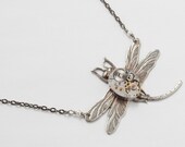 Steampunk Jewelry Steampunk Necklace vintage watch movement gears Art Nouveau silver dragonfly pearls pendant clockwork Statement 1690