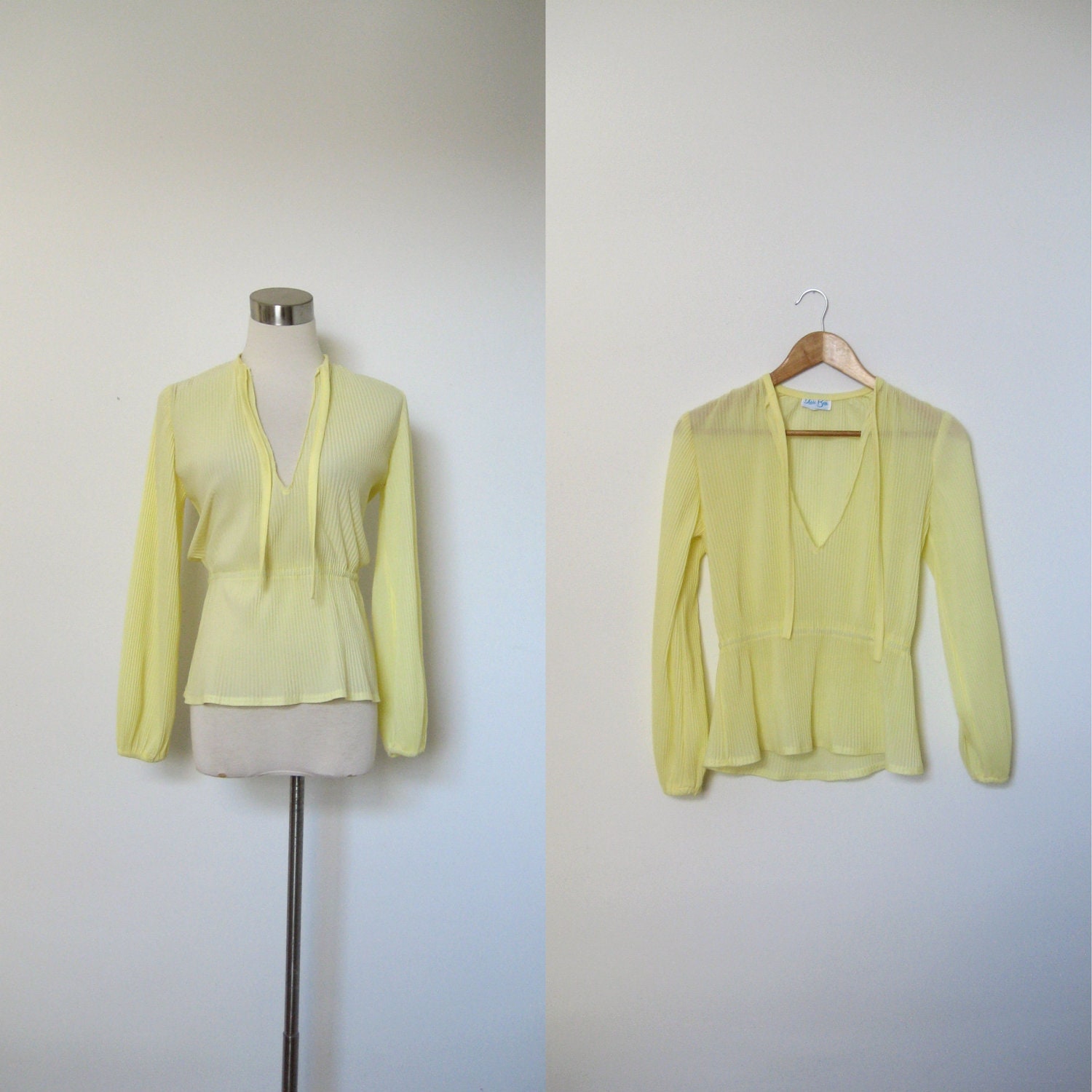 SALE-Vintage Sheer Blouse / 1970s Yellow Pleated Keyhole Top / Tie Neck (small S)