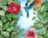 Hummingbird and Hibiscus - 8x10" Giclee Art Print