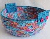 Aqua Pink Orange Large Round Coiled Basket / Bowl by PrairieThreads