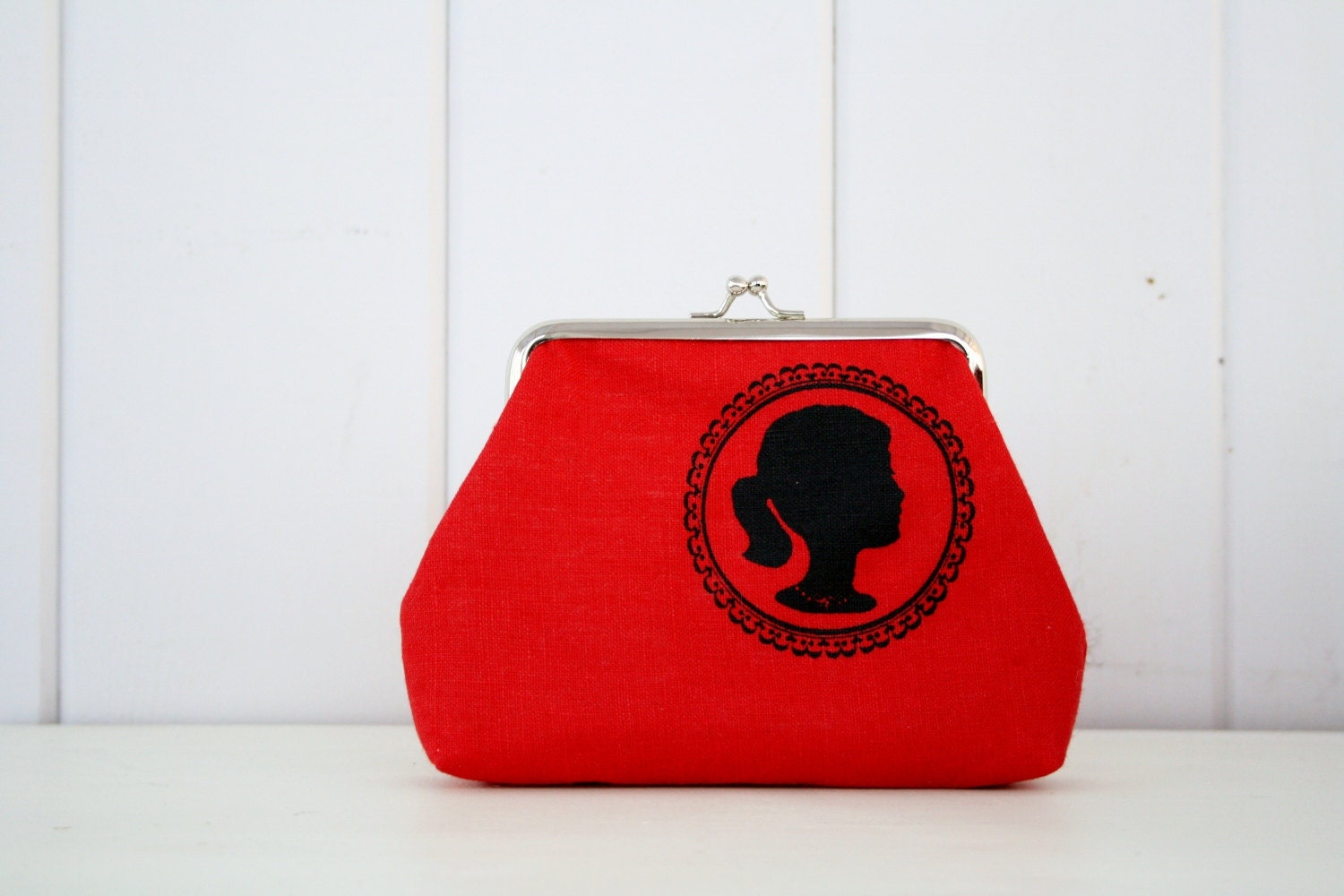 Silhouette Girl on Red screen printed small clasp purse - READY TO SHIP