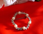 Rhinestone and Pearl Wreath Brooch, Costume Jewelry Pin Silvertone, Vintage