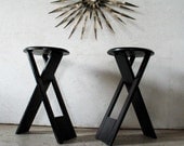 pair mid century X base stools  / great as petite side tables or  drink stands     mid century modern furniture