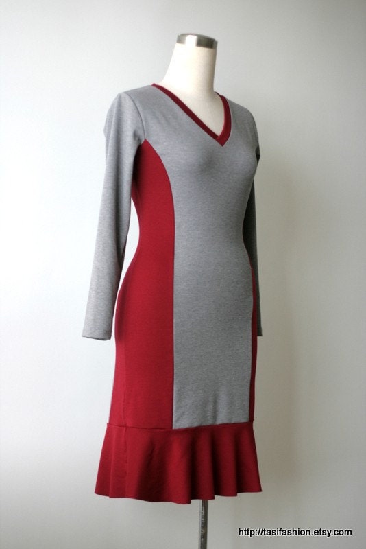 Spring jersey long sleeve dress Custom plus size dress. Cocktail dress with ruffles. Two-colored Party dress. Day dress