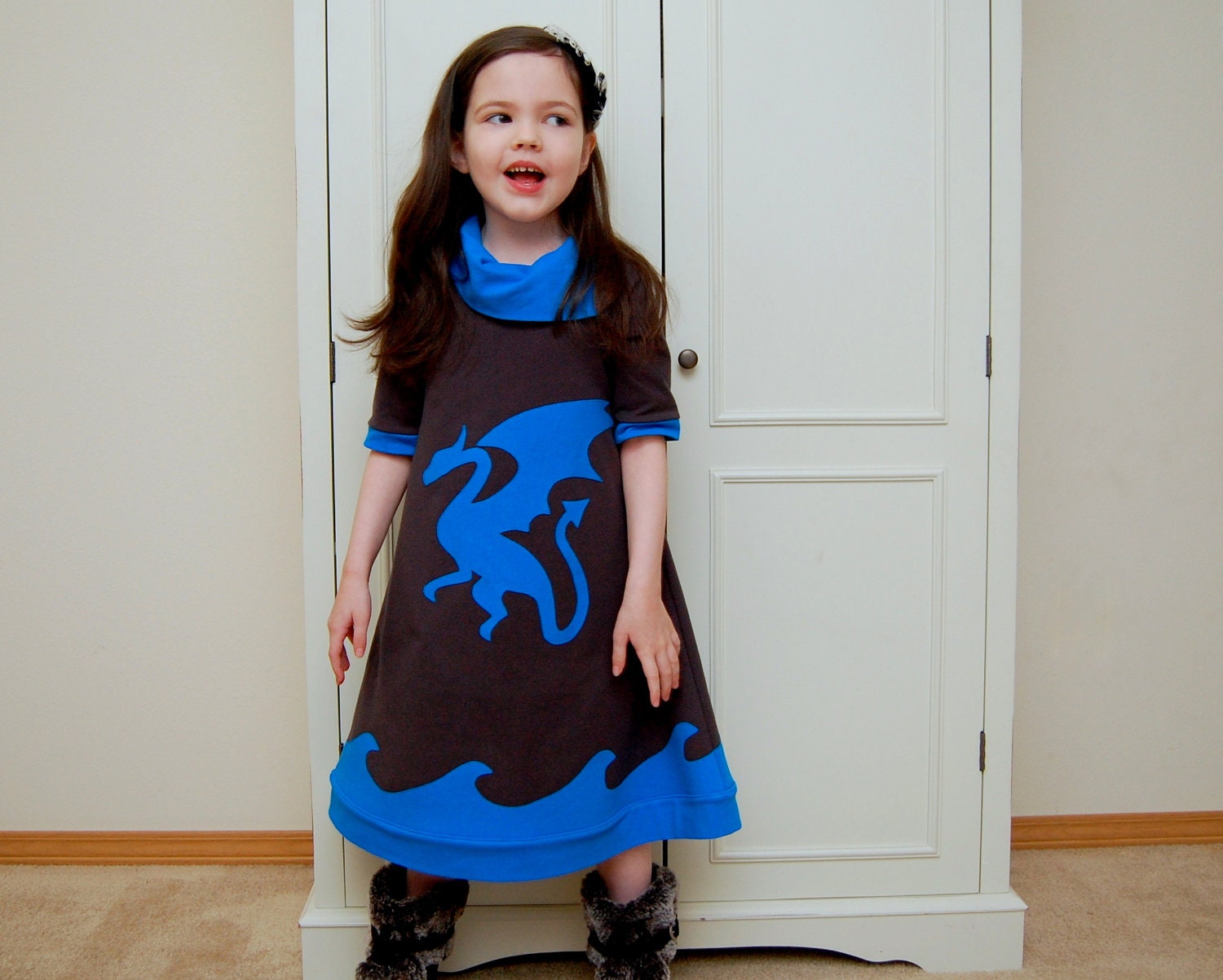 Flying Dragon Dress, Charcoal gray and turquoise blue, childrens clothing, girls dress, 2T, 3T, 4T, 5, 6, 7 (larger sizes also available)