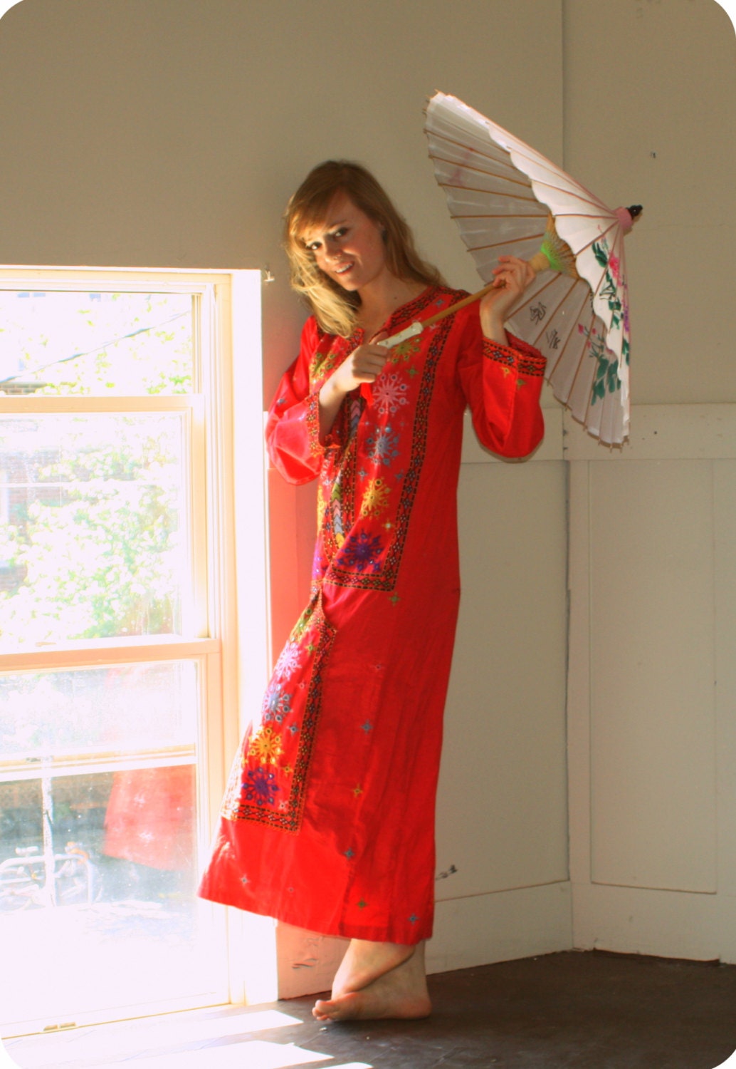 Vintage India Raspberry Rainbow Embroidery Mirror work Women's Dress