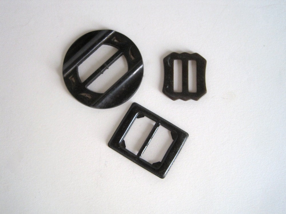 Vintage Buckles - Three Black Plastic and Metal Buckles