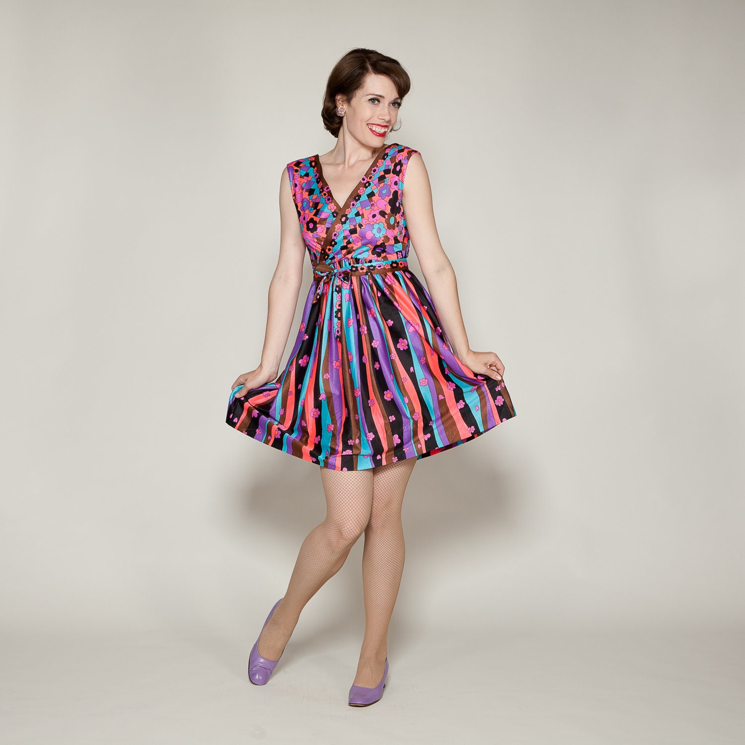 Vintage 1960s Neon Mini Dress Jersey Mod Floral Summer Fashions