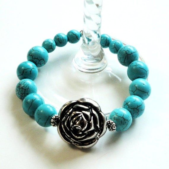 Mothers Day Jewelry - Blue Turquoise Elastic Silver Flower Bracelet/ Blue Stretchy Gemstone Bracelet