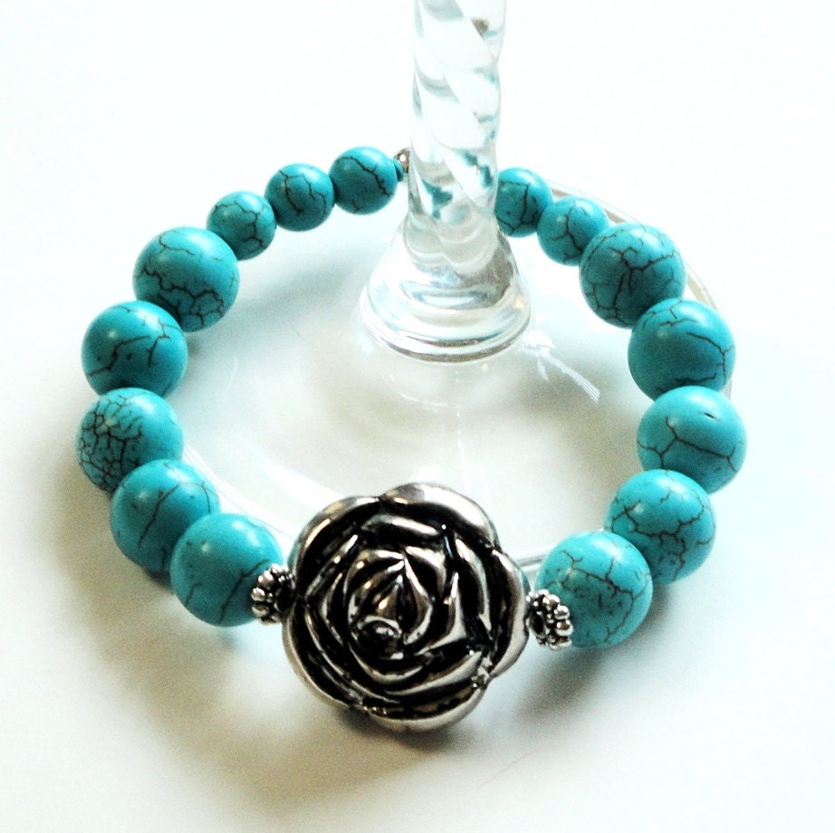 Mothers Day Jewelry - Blue Turquoise Elastic Silver Flower Bracelet/ Blue Stretchy Gemstone Bracelet