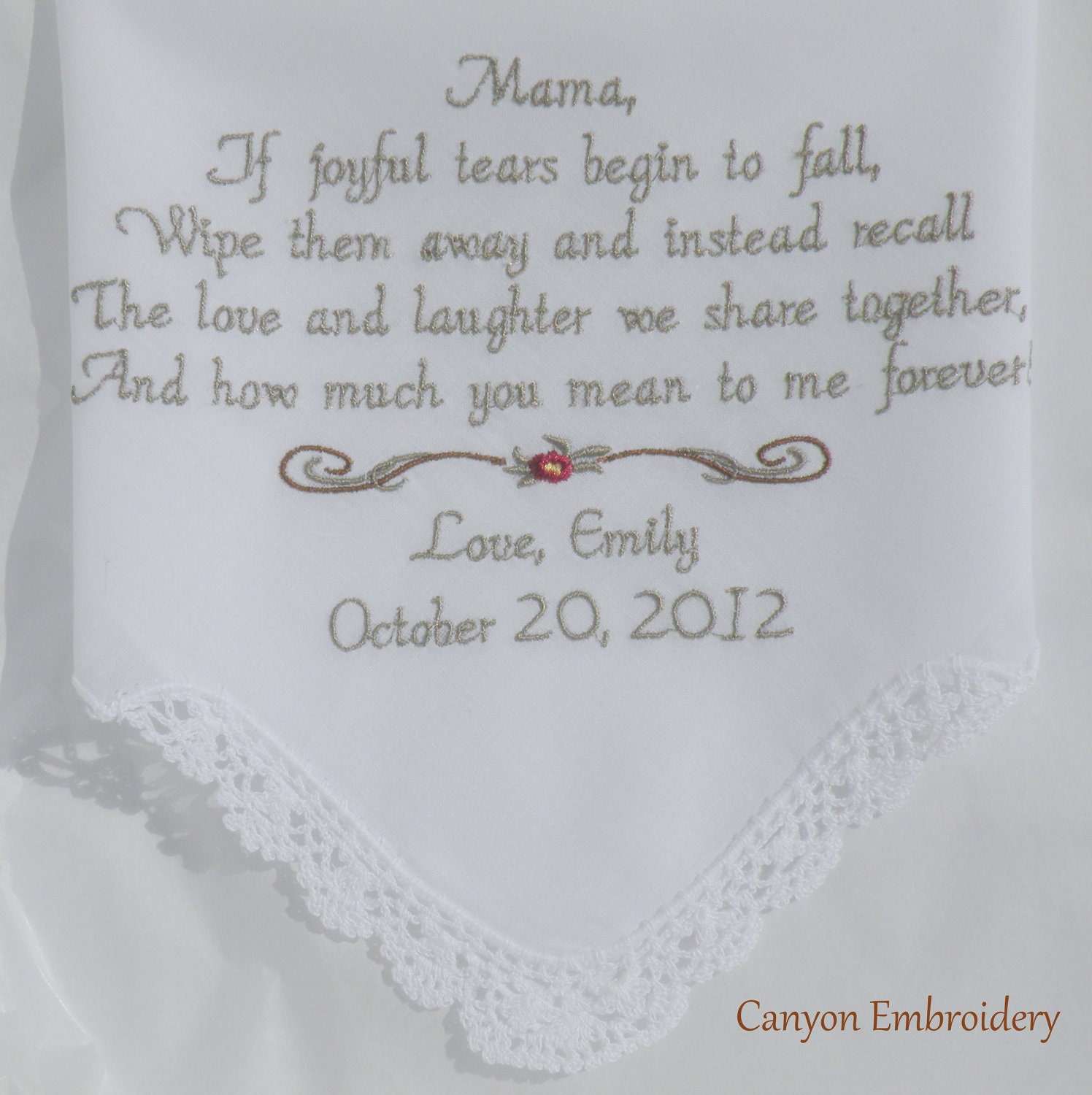 Personalized Wedding Handkerchief Embroidered Hanky for Mother of the Bride or Mother of the Groom By Canyon Embroidery on ETSY