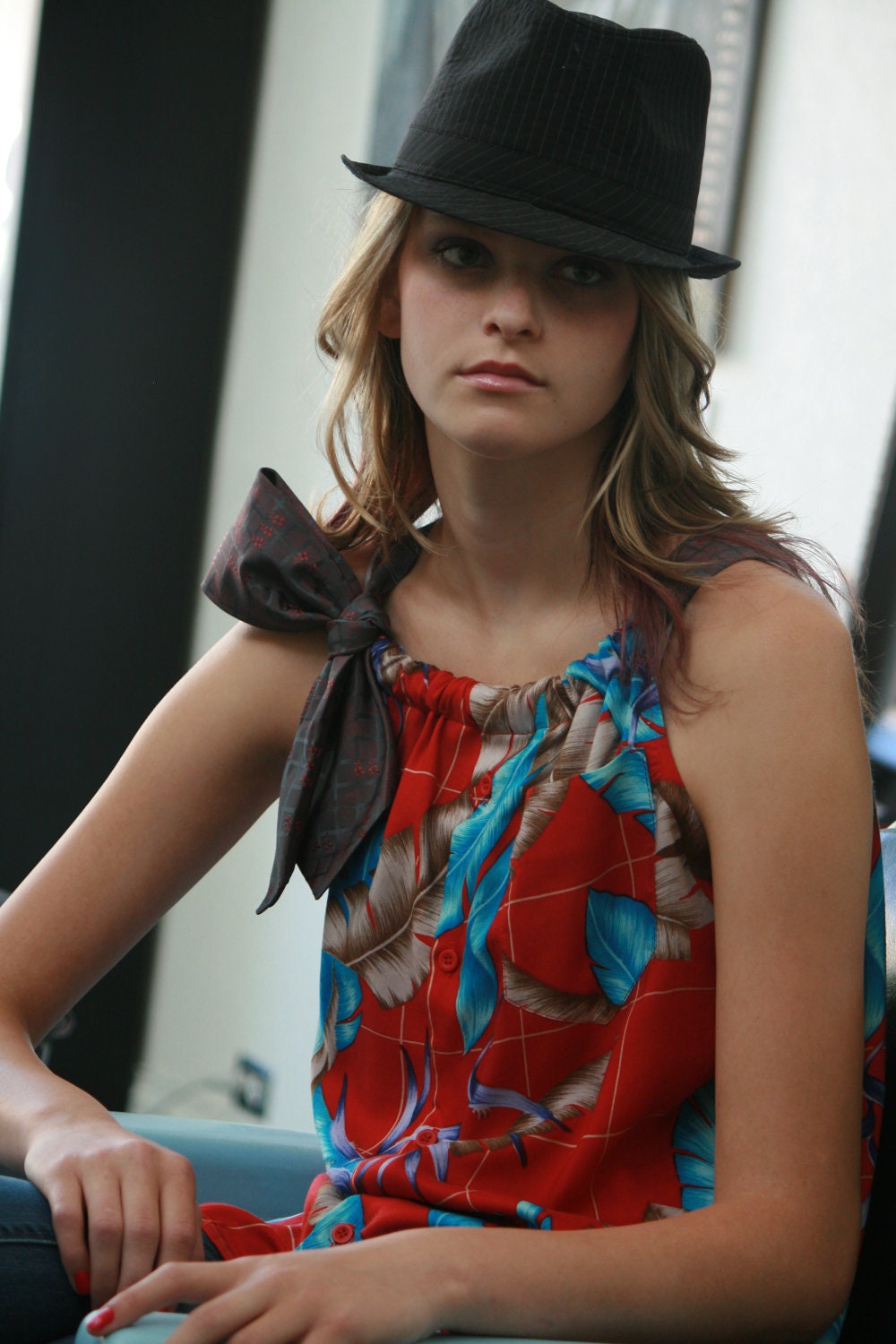 Boyfriend Tank Top Blouse made from Vintage Hawaiian Shirt with Adjustable Necktie Shoulder Strap - Womens Upcycled Clothing