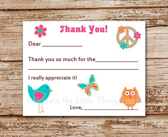 SET of 12 Kids HIPPIE CHICK Fill-In Thank You Cards : peace sign, owl Il_570xn