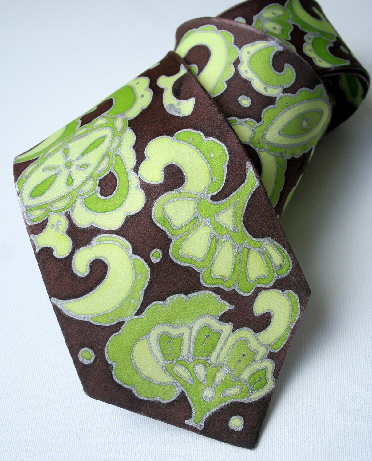 Brown Necktie.  Hand Painted Silk Necktie. Elegance. Green and Brown Paisley Print.