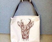 Handmade Deer Tote with Vegan Leather Strap. Woodblock Printed. Made to Order.