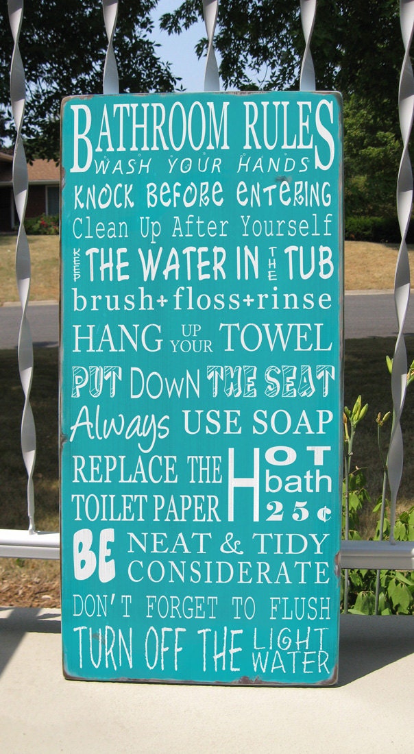 Whimsical BATHROOM RULES - NEW Vintage Style Typography Word Art Sign- You pick the colors