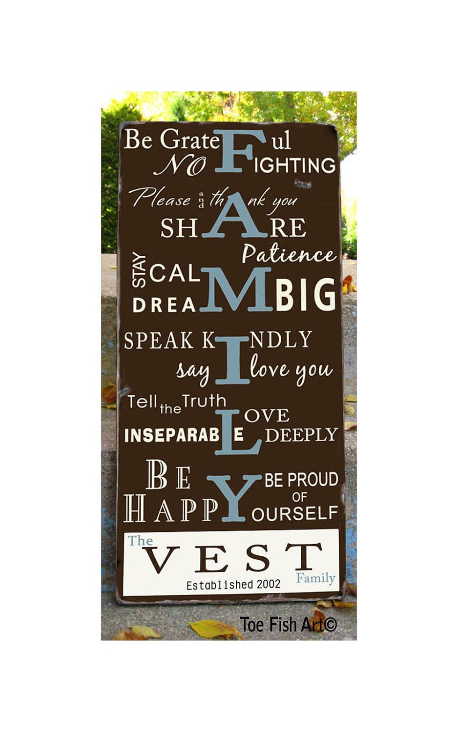 FAMILY RULES- Customize with your name and date - Typography Word Art Sign on wood- Distressed