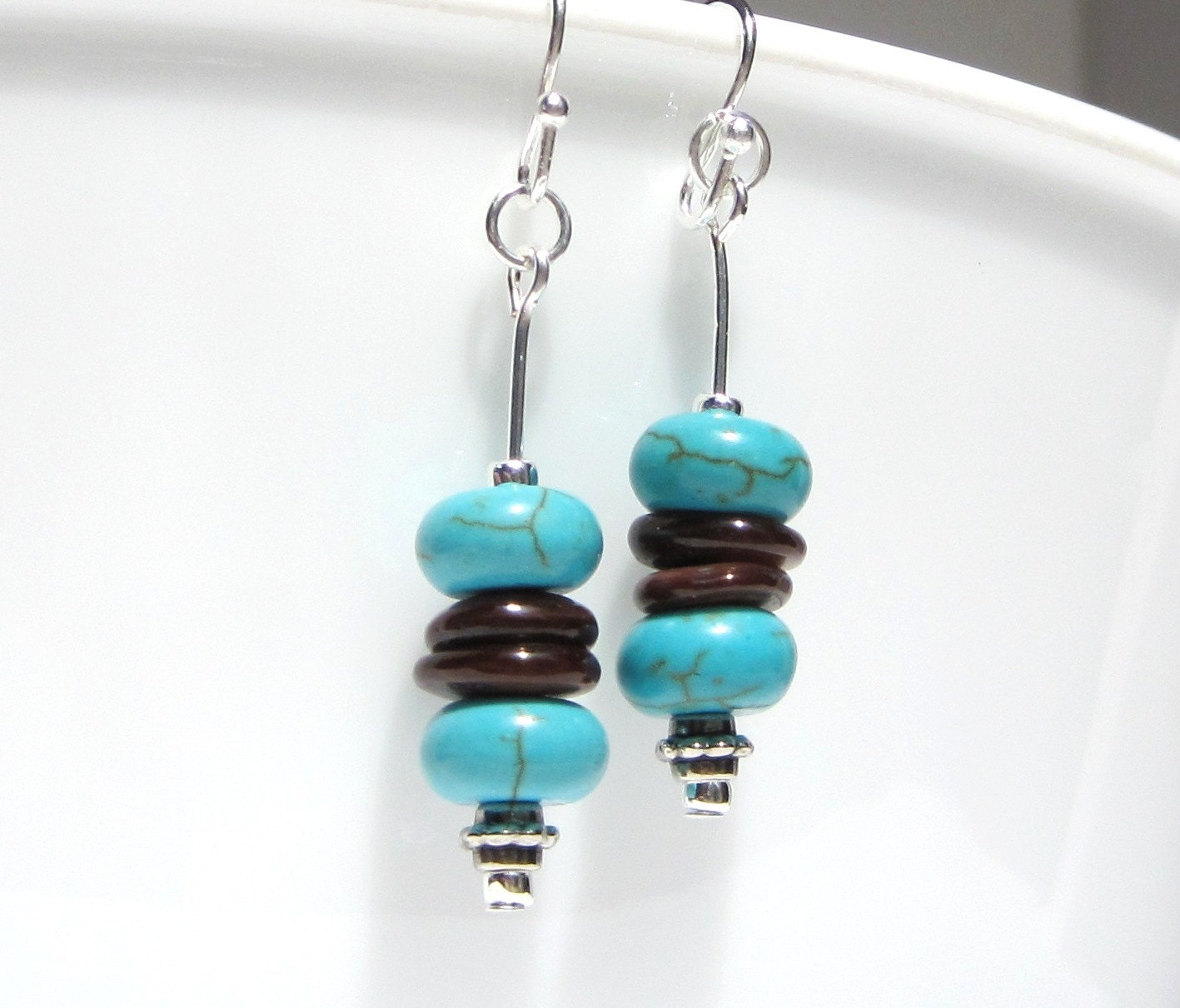 Turquoise Stack Earrings, Southwest Earrings, Brown Boho, Shell Heishi, Silver Plated Wires, Glass Beads
