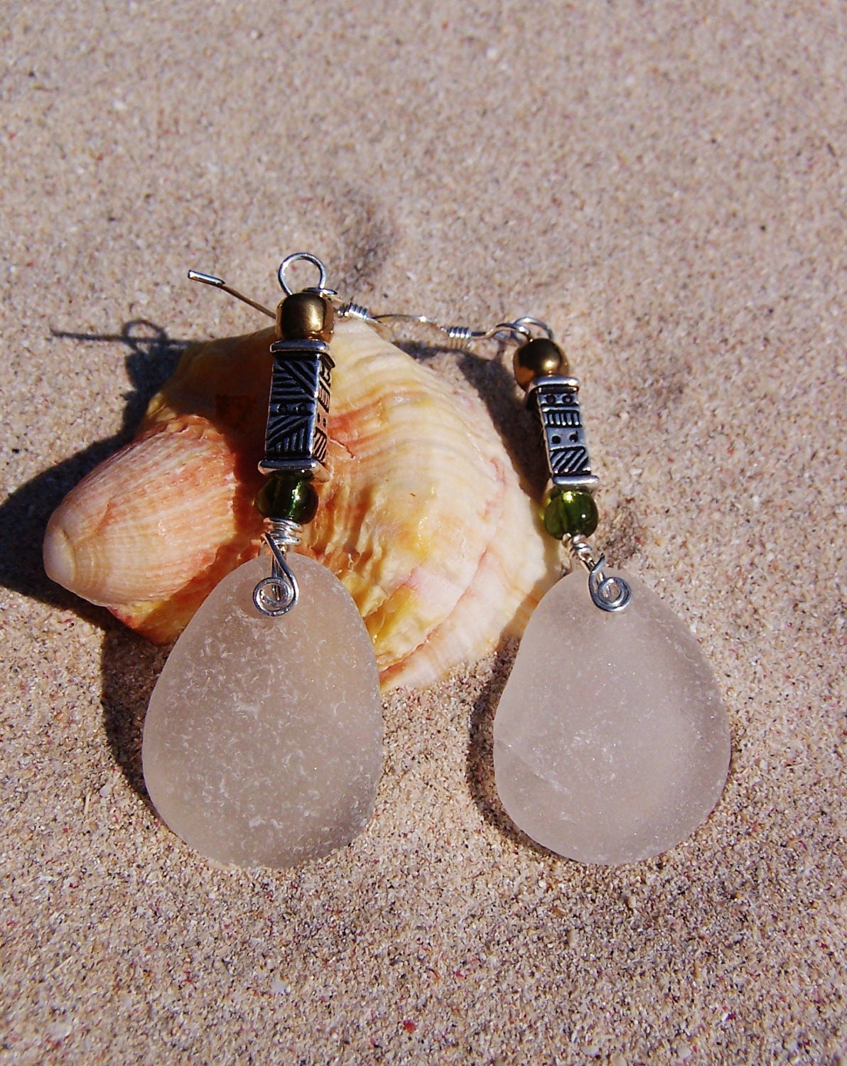 Sea Glass Earrings in Frosty White with Tribal Motif Bead Accents