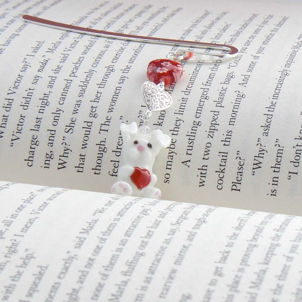 Beaded Bookmark - White Rabbit, Hearts, Silver,  Red Millefiori