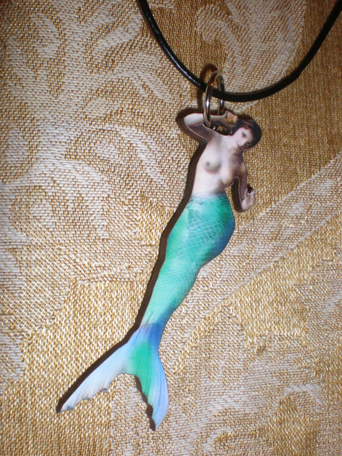Mermaid Necklace Fashion Fun Art Sea Nymph Pendant Art Nouveau Style Classic Bare Breasted Wood Cut Beauty