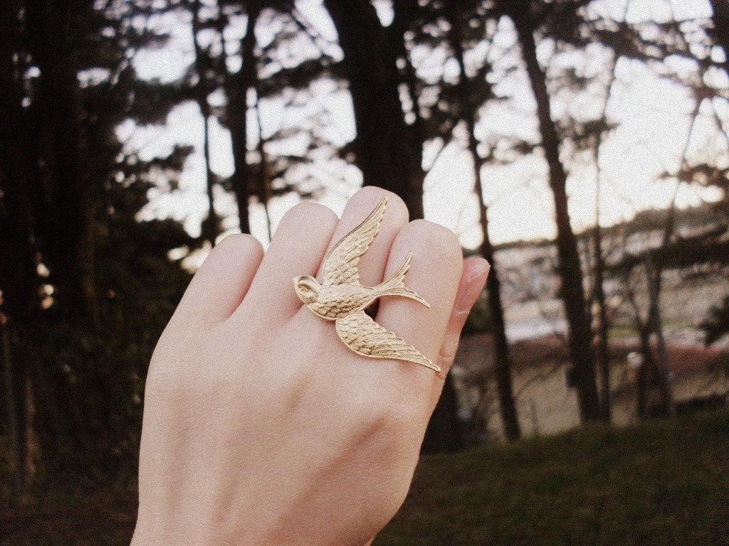 Gold Bird Ring - Nature Inspired Ring - Woodland Ring - Gold Statement Ring Boho Ring Bohemian Ring Cute Adorable Romantic Whimsical Dreamy