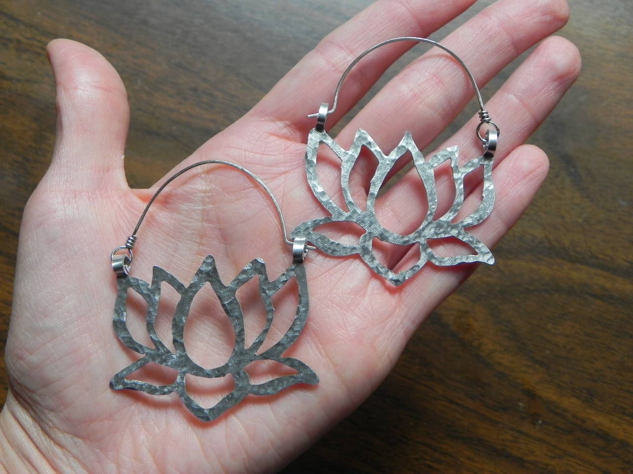 lotus flower earrings, metal flower hoop earrings, zen hoops, large lotus flower hoop earrings, hammered metal earrings