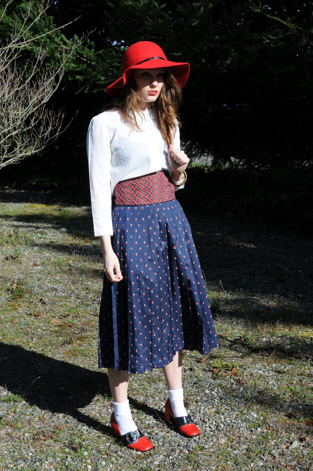 vintage 80s school girl  printed pleated skirt