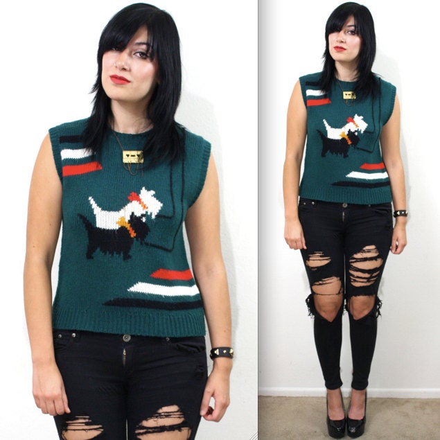 Vintage 70s Adorable Scottie Dog Novelty Knit Sweater Vest