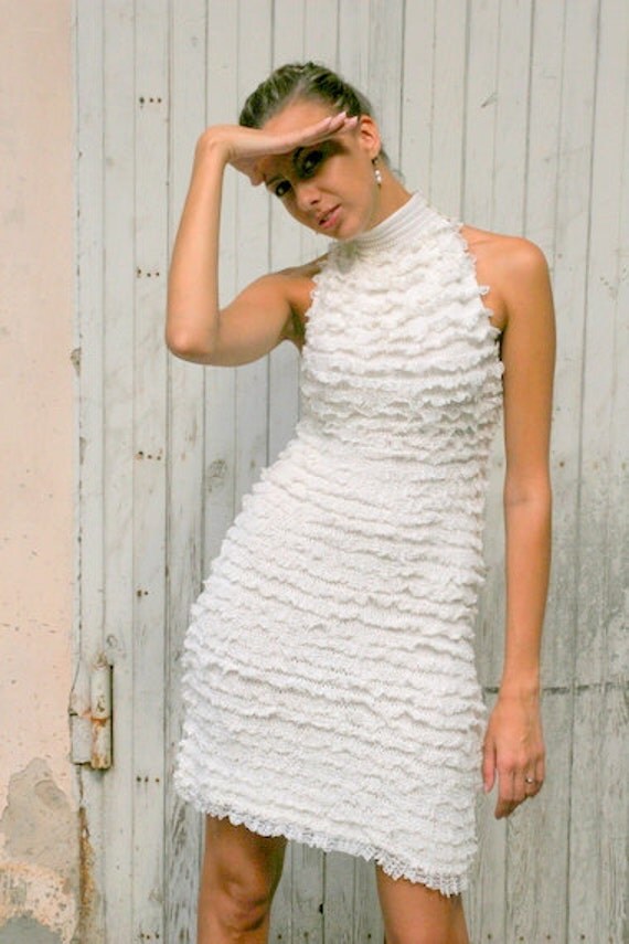 Hand knitted white glamorous Party dress, waist fit, size S/M