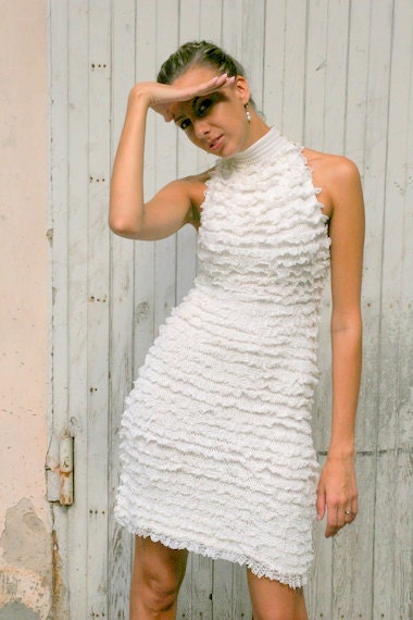 Hand knitted white glamorous Party dress, waist fit, size S/M