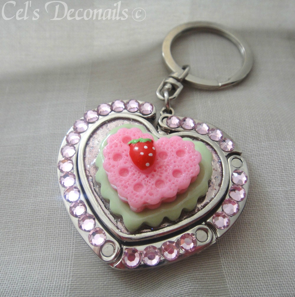 Kawaii strawberry keychain, heart shaped folding purse hook with keyholder, bag charm, sweet lolita accessories