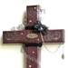 Decoupaged Cross Mixed Media Crucifix Christian Art Decorated Cross Black Cherry Silver Swarovski Crystal