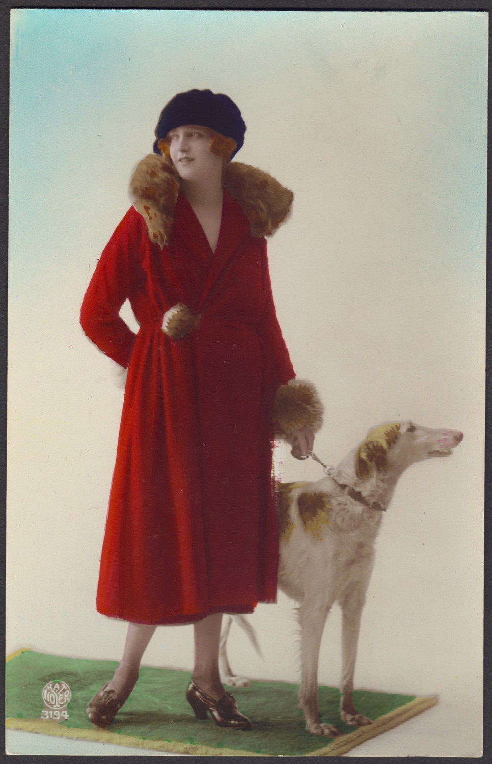 1920s Hand-Tinted Flapper with Russian Wolf-Hound by A. Noyer
