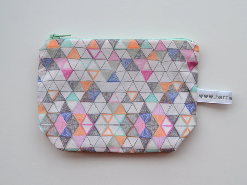 large geometric purse - triangle patterned zipper pouch - handmade