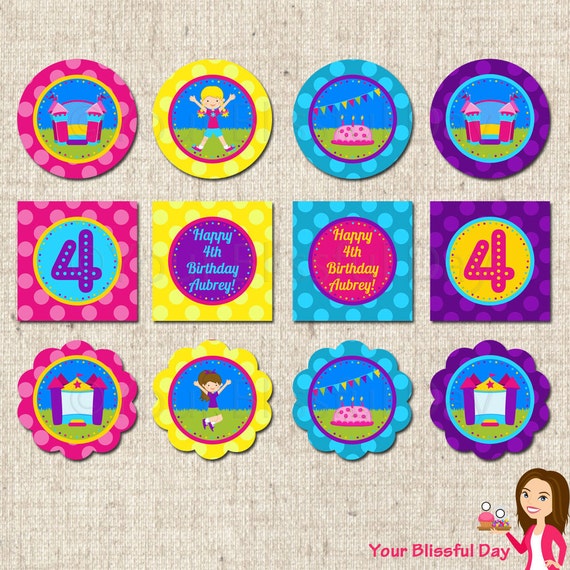 PRINTABLE Personalized Girl Bounce House Party Circles (Your choice of girl and bounce house) Il_570xn