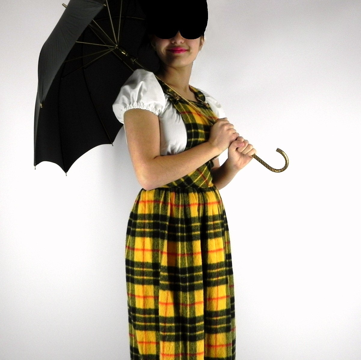 Mustard Plaid Jumper Dress Vintage 1970s Size Extra Small 24 inch waist