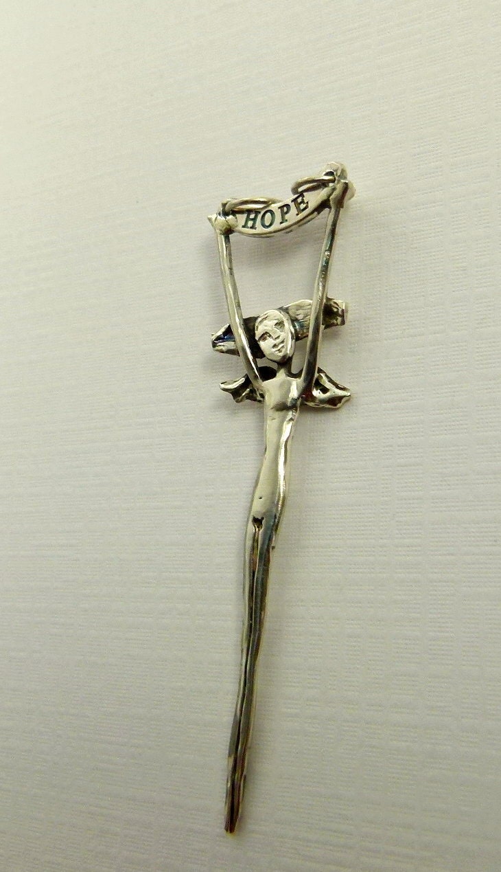 Angel Hadyn Holds On To Hope - Up Cycled Sterling Silverware, And PMC - Art Jewelry Pendant - 882