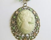 Cameo necklace, jewelry, pendant, green necklace, gift for her, large pendant, vintage style, romantic jewelry