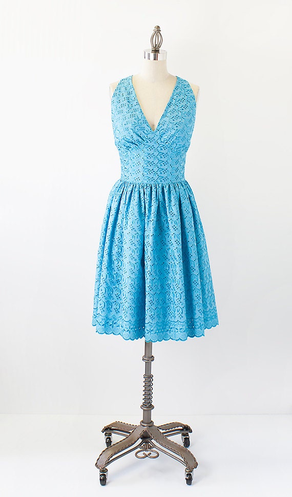 ON SALE - Turquoise Eyelet Cotton Halter Dress