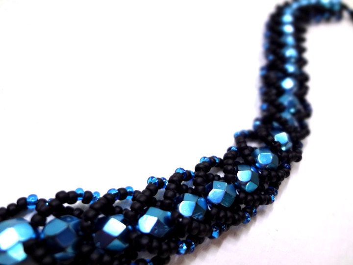 Intense Black and Blue Bracelet - Beadweaving Flat Spiral with Matte Black - MegansBeadedDesigns