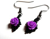 Black and Purple Earrings Beaded and Dangling from Surgical Stainless Steel Hooks or Clip Ons