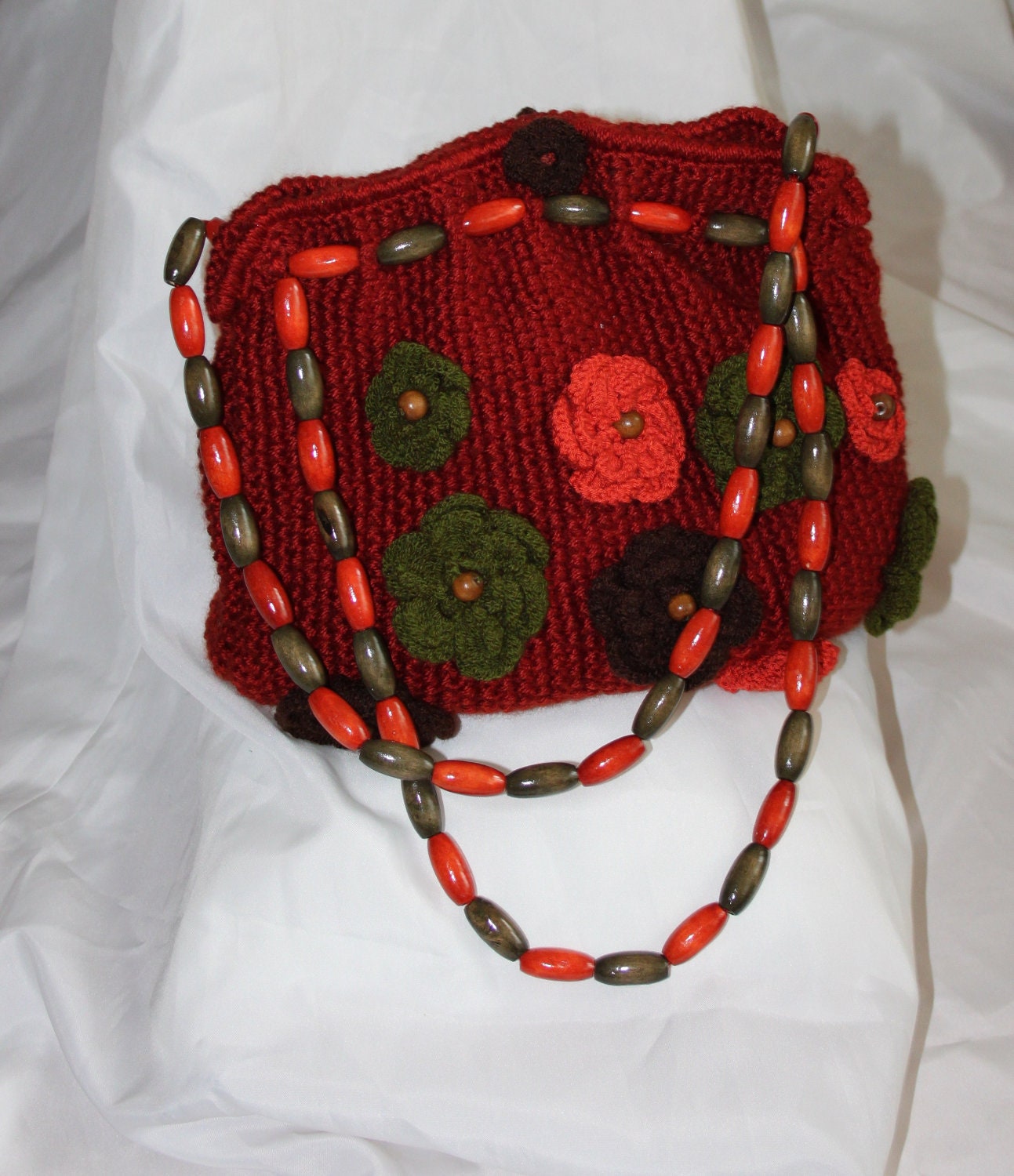 SALE Christmas Gift Hand knitted bag, terracotta bag, crochet flowers, handbag, tote, shoulder bag, handmade clutch, beaded purse
